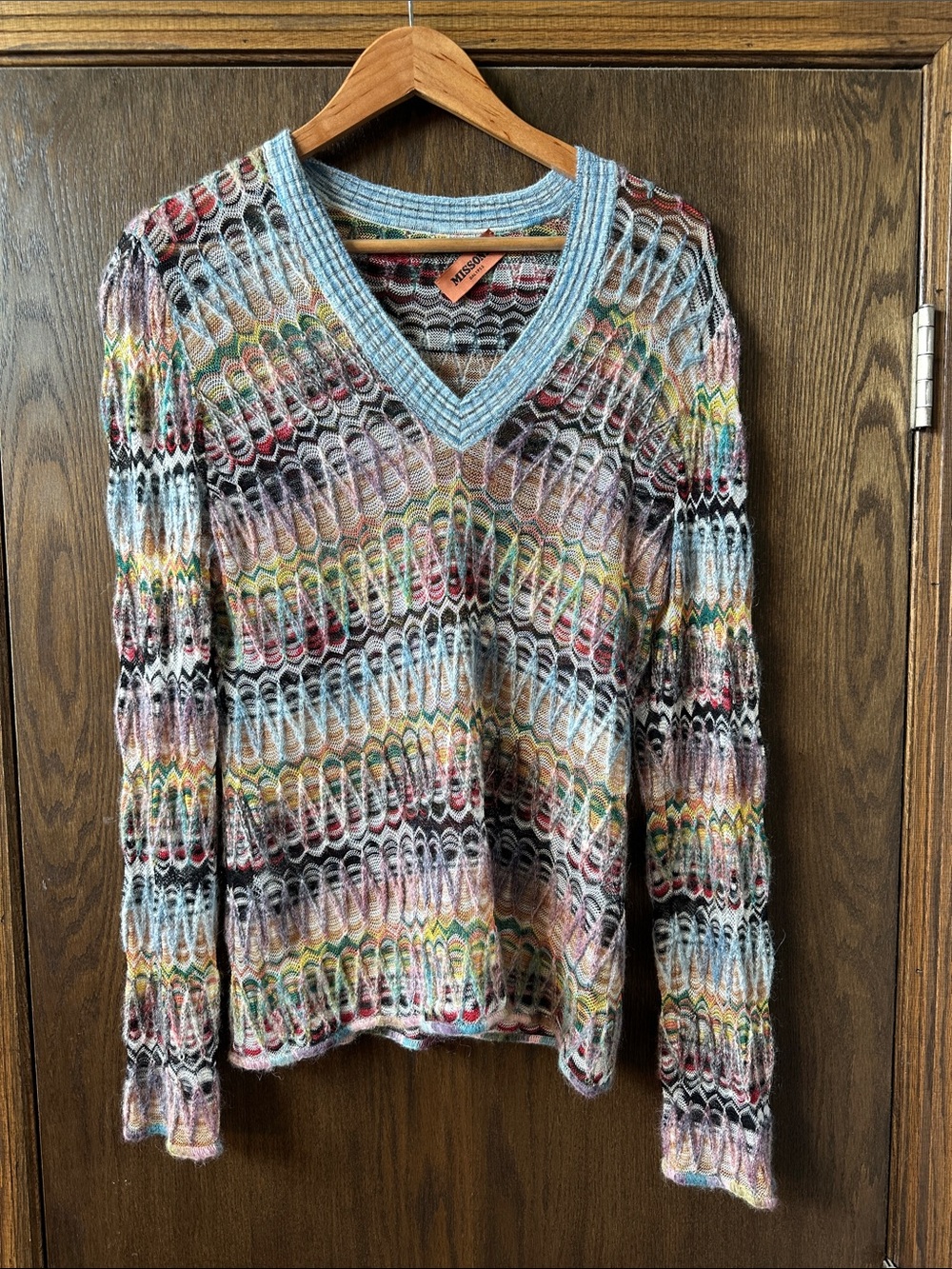 Missoni Multicolor Open-Knit V-Neck Sweater with Light Blue Trim